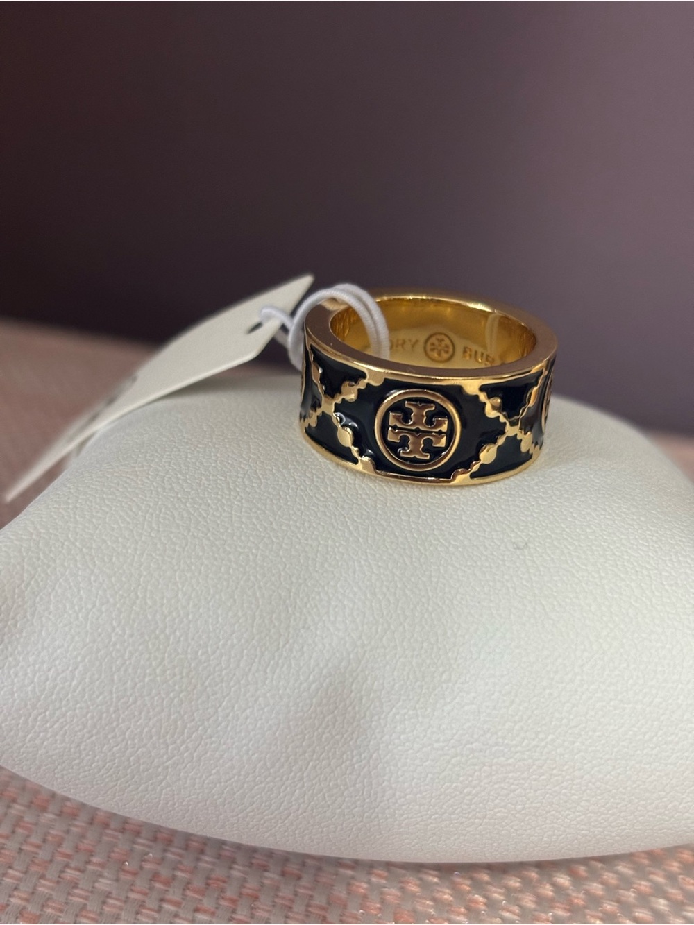 Size 8 Tory Burch Black and Gold Logo Enamel Wide Band Ring